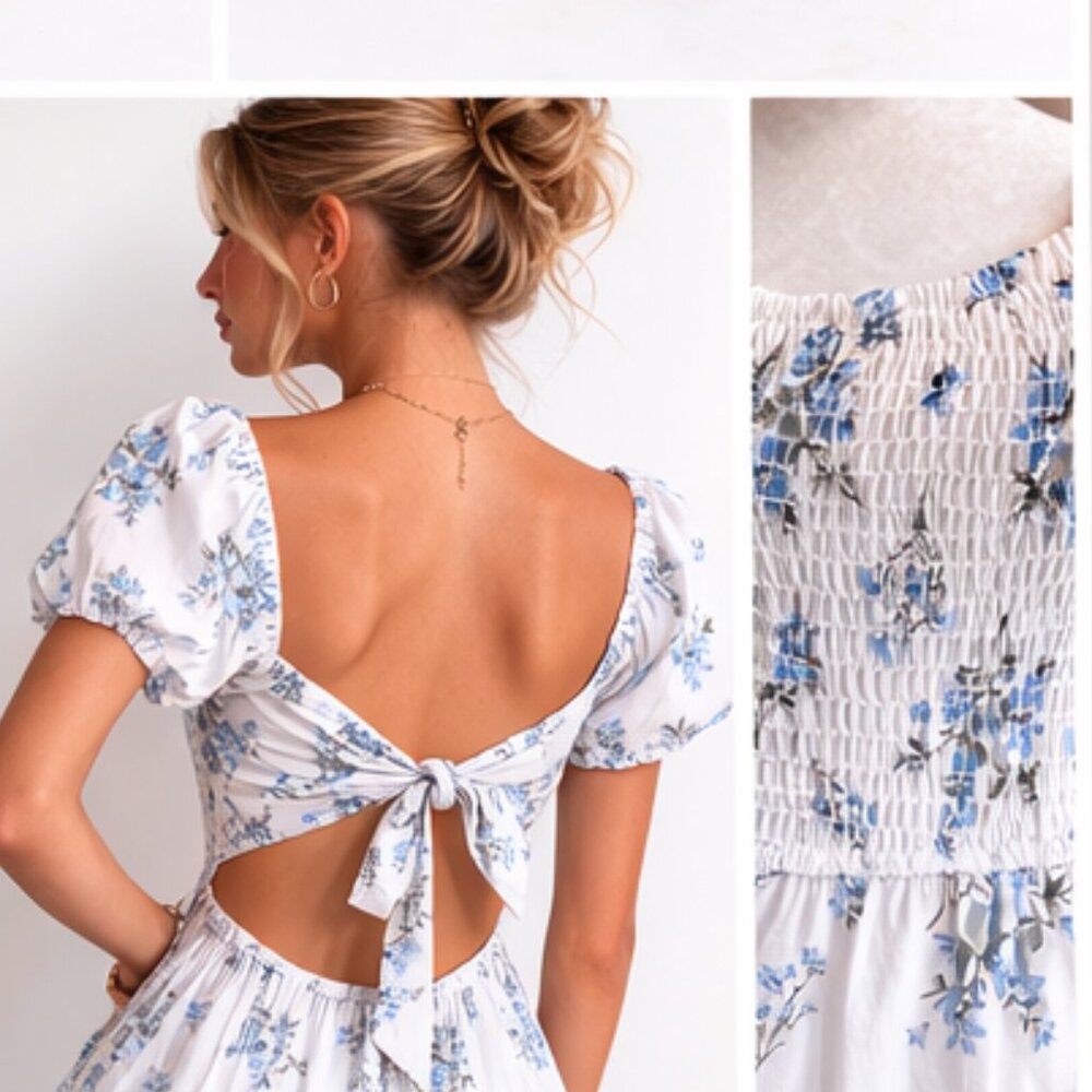 Hollister Blue & White Floral Tie Back Mini Dress | Size Small - Picture 10 of 11